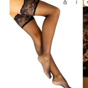 Donna Karan Hosiery Signature Sheer Black Satin Thigh Highs lace Style-0B273 P/S